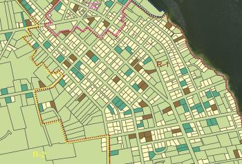 Detail of a map showing properties in Belfast that could become eligible to be subdivided under a proposal to reduce the minimum lot sizes inside the bypass. Affected properties appear in aqua. (Source: Belfast Planning Office)