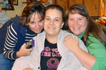 Michelle and her friends, Gena Richardson, left, of Waldoboro, and Paula Byrnes of Cushing, taken in early November when they shaved Michelle’s head. (Photo courtesy of Michelle and Leanne)