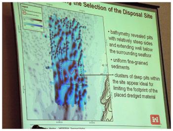 An image from a presentation Monday in Bangor showing the sea floor at the proposed disposal site for Searsport’s dredging spoils. According to Steve Wolf of USACE, the material could be deposited into the deep pockmarks that appear darker in this image. (Photo by Ethan Andrews)