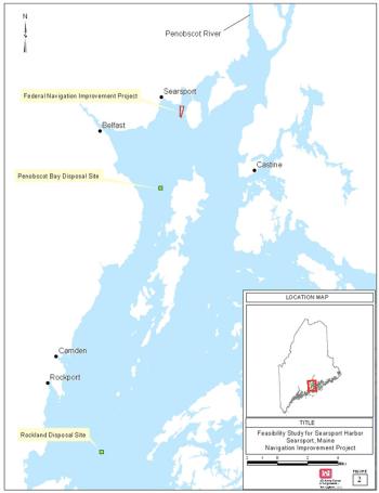 A map of Penobscot Bay showing three disposal sites considered for the roughly 900,000 cubic yards of material that would be dredged from Searsport Harbor. Under the current plan, USACE is proposing to use the central “Penobscot site,” located between Islesboro and Northport.