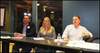Erick Anderson, general manager for Lord Camden Inn and Grand Harbor Inn; Laura Mowrey, assistant manager for Lord Camden and Grand Harbor inns; and Bill Lane, engineer with Gartley and Dorsky Engineering and Surveying.