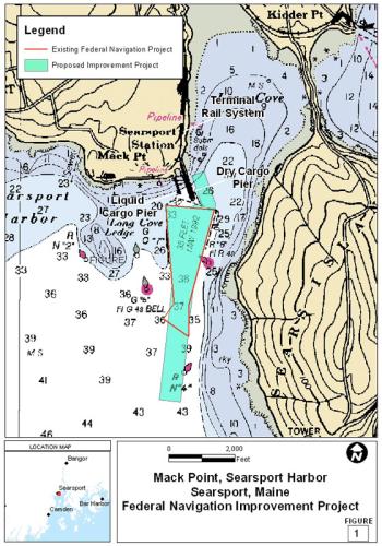 The navigation channel in Searsport, shown as it exists today (outlined in red) and as it would be extended and widened in places (extent of light blue shading). The channel would also be deepened from the current 35 feet to 40 feet under the Army Corps’ plan. (Source U.S. Army Corps of Engineers)
