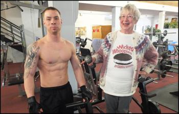 Chris Luce, 27, of Rockland and Helen Marston, 81, of Tenants Harbor, share a moment at the gym. (Photos by Chris Wolf)