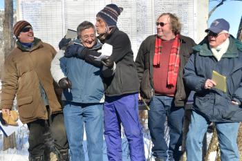 The Camden Select Board has a little fun before judging the Costume Contest Parade at the 2014 U.S. National Toboggan Championships held at the Camden Snow Bowl, Feb 7, 8 and 9. (Photo by Ron Hawkes)
