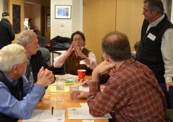Rockport Planning Board member Tony Bates, Camden Planning Board member Lowrie Sargent, Rockport Planning Board member Terri Mckenzie, Camden Select Board Chairman Martin Cates and Rockport Select Board member Ken McKinley at an historic two-town planning workshop. (Photo by Lynda Clancy)