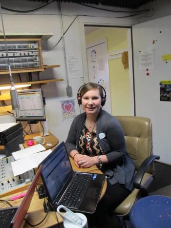 Talking about what’s happening this coming weekend on Chris Wolf’s WRFR radio show highlighting PenBayPilot.com news. (Photo by Kay Stephens)