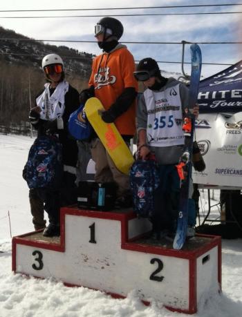 2014 USSA Junior Nationals podium. in Park City, Utah. Third place: Jay Wilder; First place: Keegan Kilbride; Second place: Ethan Swadburg. (Photo courtesy Ollie Wilder)
