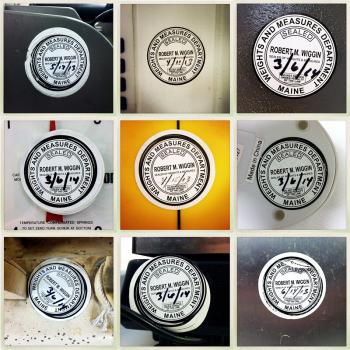 Just a few of the hundreds of stickers visible on scales and gas pumps across the Midcoast indicating that Robert Wiggin has checked them for accuracy. (Photos by Ethan Andrews)