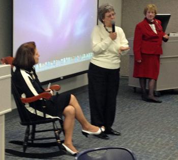 Nancy Boyington, seated, and Dorothy Alling, co-chairwoman of the Senior College Arts Festival. (Photo by Terri Mahoney)