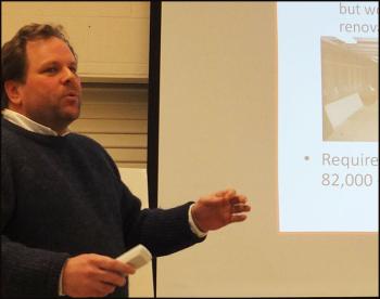 SAD 28 Board Chairman Matthew Dailey discusses points concerning the current Camden-Rockport Middle School building and options for new construction. (Photos by Chris Wolf)