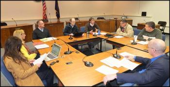 Rockland City Council members and senior staff left to right: Councilor Elizabeth Dickerson, Louise MacLellan-Ruf, City Attorney Kevin Beal, Mayor larry Pritchett, Interim City Manager Tom Luttrell, Councilor Eric Hebert, Councilor Frank Isganitis and Community Development Director John Holden. (Photo by Chris Wolf)