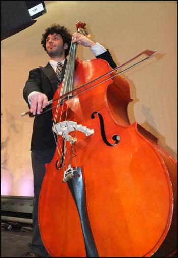 Bass fiddle player Isaiah Mansour, of Fairfield, Connecticut.