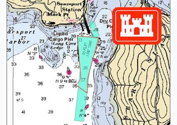 A map of the area around Mack Point cargo terminal in Searsport shows the proposed dredging area in blue. The boundaries of the current channel are marked with a thin red line. The extended length at the south end of the channel is to accommodate dredging the 35-foot deep channel to a depth of 40 feet.