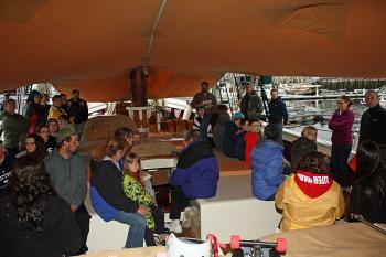 Parents and students aboard the Mary Day during Tuesday night’s boarding and welcome. (Photo by Holly S. Edwards)