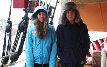 Appleton Village School students Alex Dionne and Audrey Heriz-Smith aboard schooner Mary Day. (Photo by Holly S. Edwards)