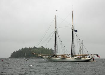 Schooner Mary Day, with 16 Appleton Village School eighth-graders aboard, is pushed past Curtis Island in Camden’s outer harbor Wednesday morning. (Photo by Holly S. Edwards)