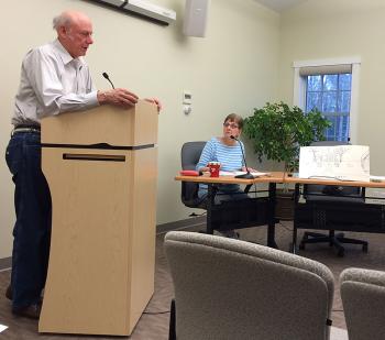 Lincolnville Selectman Rosey Gerry talks about the proposed Veterans Memorial, which a private group, of which he is a member, hopes to develop on the former Millington property between Breezemere Park and the new library building. (Photo by Holly S. Edwards)