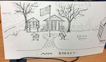 The proposed Veterans Memorial would not include the trees shown in this sketch, but would eventually include a sidewalk to connect Hope Road to Breezemere Park, and the library and memorial between them. (Photo by Holly S. Edwards)