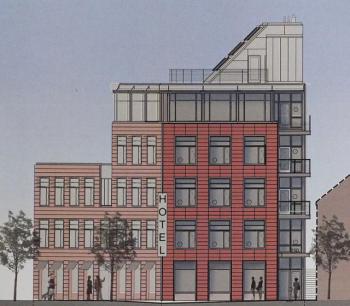 Artist’s rendition of the east side elevation of the proposed hotel to overlook Harbor Park. (Photo courtesy of Scattergood Architecture and Planning)