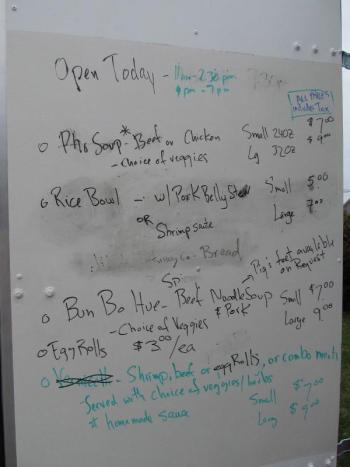 There are no take out menus as he changes his menu daily. Here were the specials of the day on the board. Bring cash; no credit cards. Photo by Kay Stephens