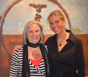 Artist Patricia Wheeler and gallery owner Jana Halwick, at Carver Hill Gallery. The gallery is now featuring Maine husband and wife team J. Fred Woell and Patricia Wheeler, presenting “Balance Point.” The title is the place where two creative people find harmony together; recalibrating their own personal journeys to find connection. (Photo by Lynda Clancy)
