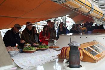 Another view of Tuesday night’s buffet pasta dinner for parents and students on the schooner Mary Day. (Photo by Holly S. Edwards)