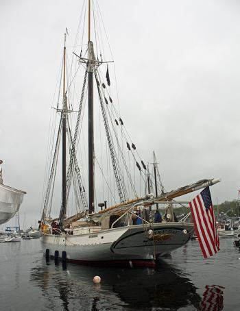 Schooner Mary Day departs its mooring at the head of Camden Harbor Wednesday morning. (Photo by Holly S. Edwards)