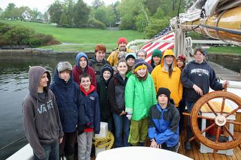 The 16 Appleton Village School eighth-graders pose for a photo minutes before departing Camden Harbor aboard the schooner Mary Day Wednesday on a three-day adventure that will be a compact and robust mix of learning, sharing, working, journaling, exploring and growing. Fair winds, sailors. (Photo by Holly S. Edwards)