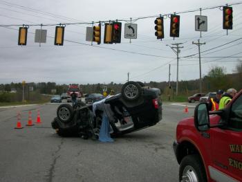 The driver of this Jeep Patriot was summonsed for failure of left turning vehicle to yield to right of way following a crash in Warren that totaled his sport utility vehicle and caused him minor injuries, including pain and cuts to his hands. (Courtesy Knox County Sheriff’s Office)