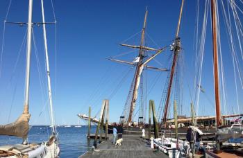 Replica Baltimore clipper ship ‘Amistad’ is tied up at the Rockland Public Landing through this weekend and will be open to visitors Saturday and Sunday afternoons.