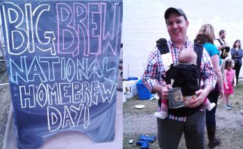 Can you spot the Baby Bjorns in the photo? With Zeth Lundy, co-owner of Central Street Farmhouse and host of the Big Brew Day in the Pocket Park next to his business. Photo by Kay Stephens