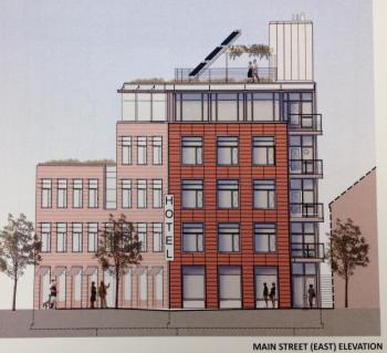 The proposed 250 Main Street boutique hotel and its east elevation.