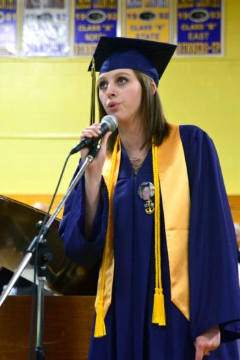 Miss Halie Drew Haskins sings the National Anthem. (Photo by Ron Hawkes)