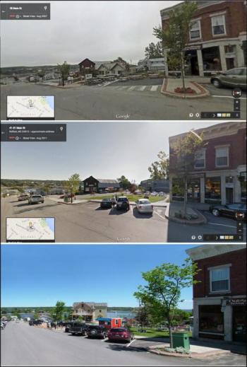 A view of Lower Main Street shows some changes over the four-year span covered by Google’s Street View (top, 2007; center, 2011). Like many areas of Belfast, transformation in the years since (bottom, 2014) has been just as significant.