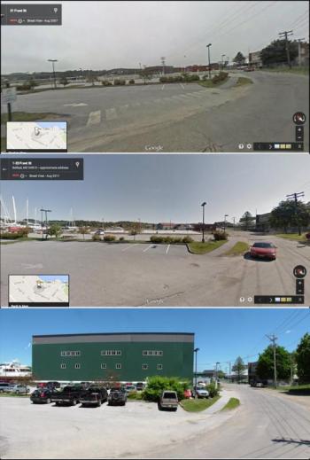A bend near the municipal parking lot on Front Street, pictured, from top, in 2007, 2011 and after the completion of Front Street Shipyard’s large shop building in 2014.
