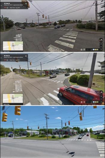 The corner of Starrett Drive and Main Street was home to a Citgo Station and Big Apple Store in 2007. By 2011, center, the old filling station had been replaced by a Walgreens store.