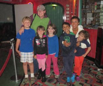 Sam Field, who appeared in the Montessori section of the video, had only positive words after watching the debut, “It was really, really good!”
Ethan Butler agreed, “it was really cool and the music was really good,” he said.
From left to right: Ethan Butler, mom Katie Butler, Abby Butler, Rowen Stewart, Sam Field, Tamara Field and Gillian Field.
(photo by Erica Thoms)