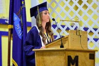 Medomak Valley High School senior Brooke Benedict gives her valedictory address to the graduates and people in attendance at commencement June 11. (Photo by Ron Hawkes)