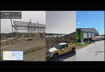 A new add-on to Google Maps’ Street View shows some of the transformation since 2007 of the property that is now Front Street Shipyard. The images at left and center are Google screenshots from 2007 and 2011. The far right photo was taken in 2014.