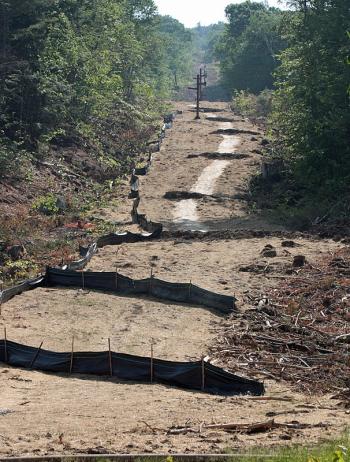 Hay, contractor’s seed and water bars have been added to large areas of open skidder trails left behind by the logger at the Camden Snow Bowl last week. (Photo by Holly S. Edwards)