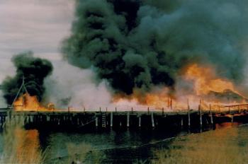 The burning of Steamship Wharf in Camden in 1959. (Photo courtesy Camden Public Library/Walsh History Center)