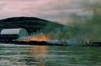 The burning of Steamship Wharf in Camden in 1959. (Photo courtesy Camden Public Library/Walsh History Center)