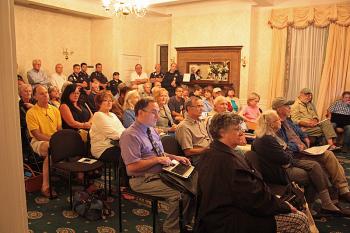 The neighborhood meeting with North East Mobile Health Services in the Tucker Room at the Camden Opera House Aug. 21. (Photo by Holly S. Edwards)