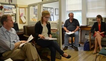 Staff at the Boothbay Register on Aug. 19 keep the questions coming for Democratic U.S. Senate nominee Shenna Bellows, far right. From left are Chief Operating Officer Kipp Wright, Assistant Editor Nicole Lyons and Editor Kevin Burnham. LYNDA CLANCY/Penbay Pilot Chief Operating Officer Kipp Wright, Assistant Editor Nicole Lyons, Editor Kevin Burnham, Democratic U.S. Senate nominee Shenna Bellows