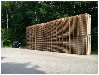 Stacks of pallets stand at the edge of the parking lot at the former Coastal Farms and Foods facility. This week, the new owner of the company’s blueberry processing equipment resumed operations in time for the start of the Canadian blueberry harvest. (Photo by Ethan Andrews)