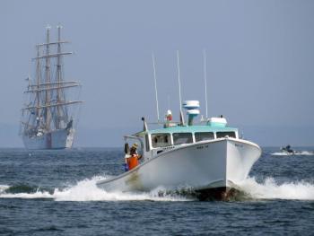 The Eagle arrives in Rockland Harbor on Friday afternoon, Aug. 1. (Photo by Bob Trapani)