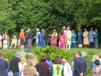 A gathering of families in Goodridge Park in Rockport Village before the formal wedding ceremony, which was held Saturday morning in Union Hall. (Photo by Richard Anderson)