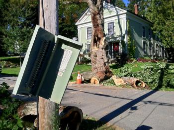 A telecommunications box hangs from a utility pole on Pearl Street, Tuesday morning, the result of a fallen limb from the tree across the street. Several blocks away, another large limb clipped the corner of a house when it broke off during the same windy spell on Monday afternoon. (Photo by Ethan Andrews)
