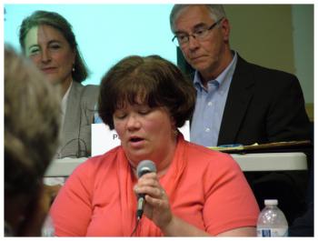 House District 99 candidate MaryAnne Kinney (R-Knox). Behind Kinney are Christine Burstein and Peter Weston. (Photo by Ethan Andrews)
