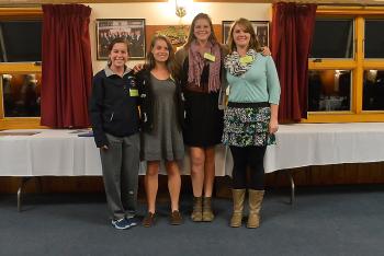 The female Athlete of the Year candidates, from left, Erin Dugan for her sister Brooke, Brittany Bowman (Camden Hills/Tuffs), Becka Hilt (Camden Hills), and Bailey Plourde (Lincoln Academy). Missing was Abby Hersom who was unable to attend. (Photo by Ron Hawkes)